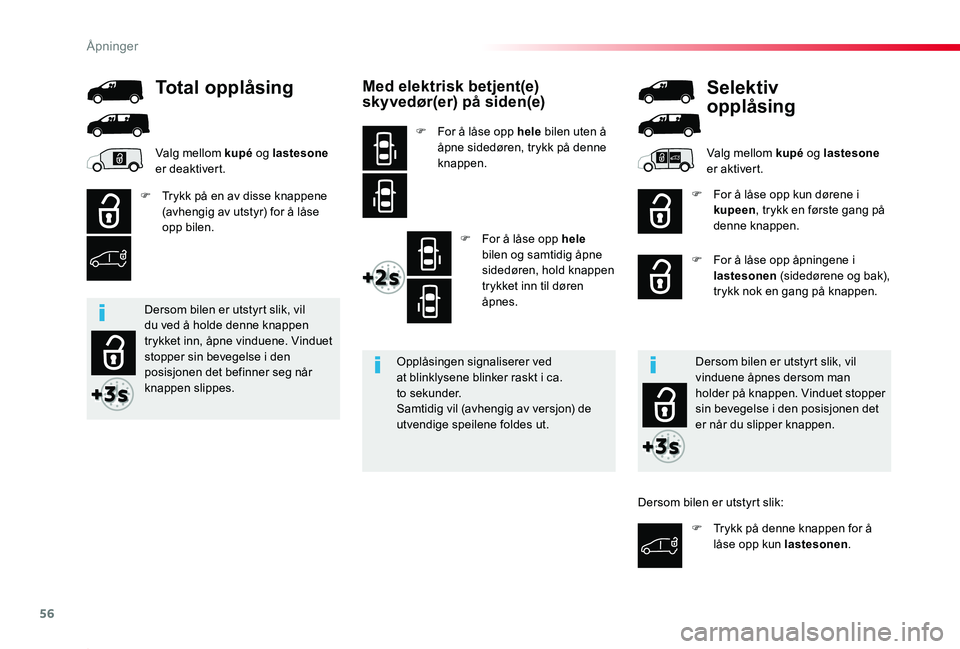 TOYOTA PROACE 2020 Instruksjoner for bruk (in Norwegian) 56
Proace_no_Chap02_ouvertures_ed01-2019
Med elektrisk betjent(e) sk y vedør(er) på siden(e)
F For å låse opp hele bilen uten å åpne sidedøren, trykk på denne knappen.
F For å låse opp hele TOYOTA PROACE 2020 Instruksjoner for bruk (in Norwegian) 56
Proace_no_Chap02_ouvertures_ed01-2019
Med elektrisk betjent(e) sk y vedør(er) på siden(e)
F For å låse opp hele bilen uten å åpne sidedøren, trykk på denne knappen.
F For å låse opp hele