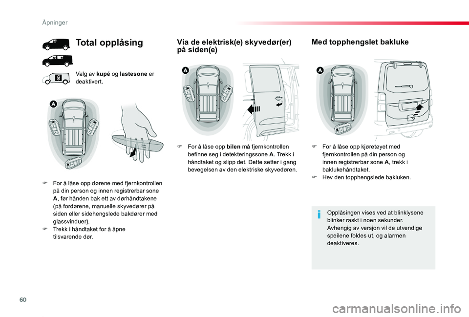 TOYOTA PROACE 2020 Instruksjoner for bruk (in Norwegian) 60
Proace_no_Chap02_ouvertures_ed01-2019
Valg av kupé og lastesone er deaktivert.
Opplåsingen vises ved at blinklysene blinker raskt i noen sekunder.Avhengig av versjon vil de utvendige speilene fol TOYOTA PROACE 2020 Instruksjoner for bruk (in Norwegian) 60
Proace_no_Chap02_ouvertures_ed01-2019
Valg av kupé og lastesone er deaktivert.
Opplåsingen vises ved at blinklysene blinker raskt i noen sekunder.Avhengig av versjon vil de utvendige speilene fol