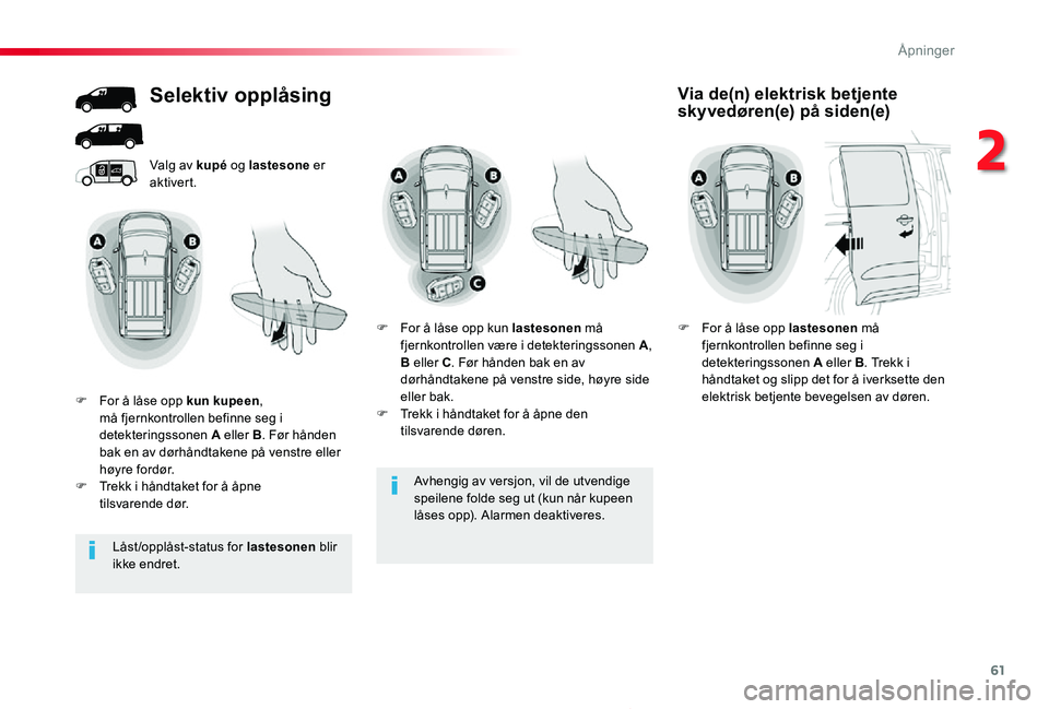 TOYOTA PROACE 2020 Instruksjoner for bruk (in Norwegian) 61
Proace_no_Chap02_ouvertures_ed01-2019
Avhengig av versjon, vil de utvendige
speilene folde seg ut (kun når kupeen låses opp). Alarmen deaktiveres.
Valg av kupé og lastesone er aktivert.
Selekti TOYOTA PROACE 2020 Instruksjoner for bruk (in Norwegian) 61
Proace_no_Chap02_ouvertures_ed01-2019
Avhengig av versjon, vil de utvendige
speilene folde seg ut (kun når kupeen låses opp). Alarmen deaktiveres.
Valg av kupé og lastesone er aktivert.
Selekti