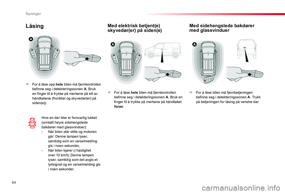 TOYOTA PROACE 2020 Instruksjoner for bruk (in Norwegian) 64
Proace_no_Chap02_ouvertures_ed01-2019
Med elektrisk betjent(e) sk y vedør(er) på siden(e)Låsing
F For å låse opp hele bilen må fjernkontrollen befinne seg i detekteringssonen A. Bruk en finge TOYOTA PROACE 2020 Instruksjoner for bruk (in Norwegian) 64
Proace_no_Chap02_ouvertures_ed01-2019
Med elektrisk betjent(e) sk y vedør(er) på siden(e)Låsing
F For å låse opp hele bilen må fjernkontrollen befinne seg i detekteringssonen A. Bruk en finge