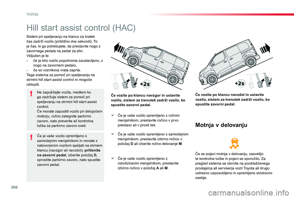 TOYOTA PROACE 2020 Navodila Za Uporabo (in Slovenian) 206
Proace_sl_Chap06_conduite_ed2019_V02
Hill start assist control (HAC)
Sistem pri speljevanju na klancu za kratek čas zadrži vozilo (približno dve sekundi). To je čas, ki ga potrebujete, da pres TOYOTA PROACE 2020 Navodila Za Uporabo (in Slovenian) 206
Proace_sl_Chap06_conduite_ed2019_V02
Hill start assist control (HAC)
Sistem pri speljevanju na klancu za kratek čas zadrži vozilo (približno dve sekundi). To je čas, ki ga potrebujete, da pres