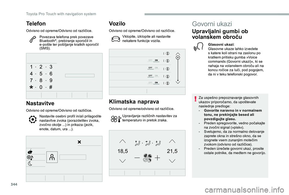 TOYOTA PROACE 2020  Navodila Za Uporabo (in Slovenian) 344
21,518,5
Telefon
Odvisno od opreme/Odvisno od različice.
Povezava telefona prek povezave Bluetooth®, prebiranje sporočil in e-pošte ter pošiljanje kratkih sporočil (SMS).
Nastavitve
Odvisno 