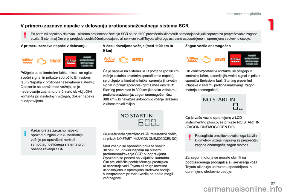 TOYOTA PROACE 2020 Navodila Za Uporabo (in Slovenian) 37
Proace_sl_Chap01_instruments-de-bord_ed2019_V02
Zagon vozila onemogočen
Ob vsaki vzpostavitvi kontakta, se prižgejo te
kontrolne lučke, spremlja jih zvočni signal in prikaz sporočila Emission TOYOTA PROACE 2020 Navodila Za Uporabo (in Slovenian) 37
Proace_sl_Chap01_instruments-de-bord_ed2019_V02
Zagon vozila onemogočen
Ob vsaki vzpostavitvi kontakta, se prižgejo te
kontrolne lučke, spremlja jih zvočni signal in prikaz sporočila Emission