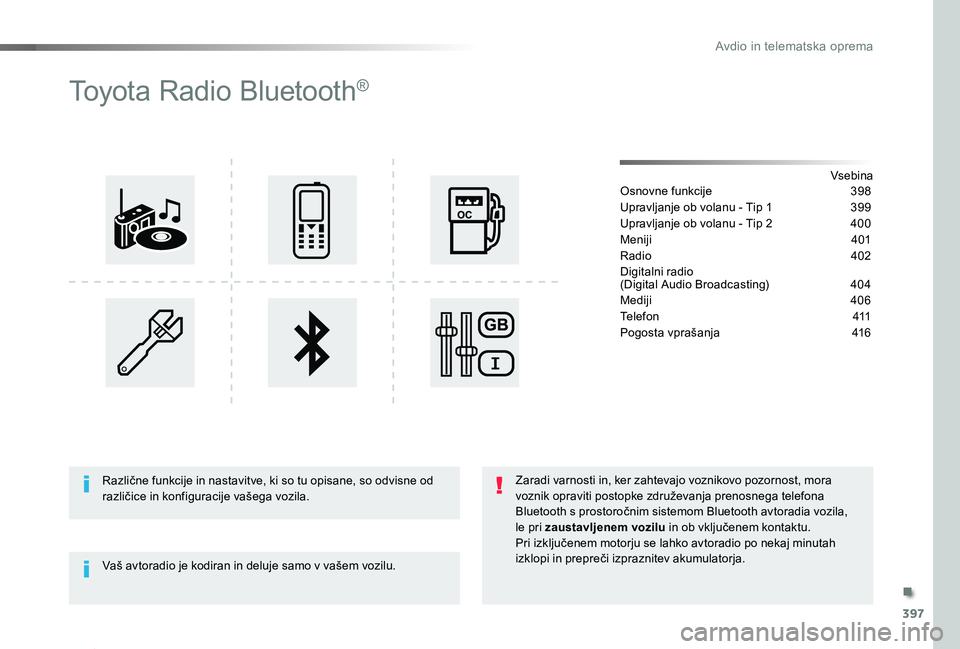 TOYOTA PROACE 2020 Navodila Za Uporabo (in Slovenian) 397
Proace_sl_Chap10d_RD6_ed2019_V02
To y o t a R a d i o Bluetooth®
VsebinaOsnovne funkcije 398
Upravljanje ob volanu - Tip 1 399
Upravljanje ob volanu - Tip 2 400
Meniji 401
Radio 402
Digitalni TOYOTA PROACE 2020 Navodila Za Uporabo (in Slovenian) 397
Proace_sl_Chap10d_RD6_ed2019_V02
To y o t a R a d i o Bluetooth®
VsebinaOsnovne funkcije 398
Upravljanje ob volanu - Tip 1 399
Upravljanje ob volanu - Tip 2 400
Meniji 401
Radio 402
Digitalni