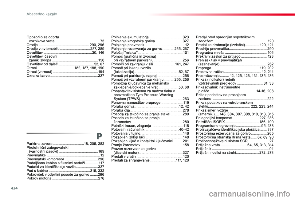 TOYOTA PROACE 2020 Navodila Za Uporabo (in Slovenian) 424
Proace_sl_Chap11_index-alpha_ed2019_V02
Parkirna zavora ...............................18, 205, 282Pirotehnični zategovalniki (varnostni pasovi) .......................................169Pnevma TOYOTA PROACE 2020 Navodila Za Uporabo (in Slovenian) 424
Proace_sl_Chap11_index-alpha_ed2019_V02
Parkirna zavora ...............................18, 205, 282Pirotehnični zategovalniki (varnostni pasovi) .......................................169Pnevma