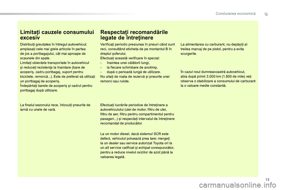 TOYOTA PROACE 2020 Manual de utilizare (in Romanian) 13
Limitați cauzele consumului
excesiv
Distribuiți greutatea în întregul autovehicul; amplasați cele mai grele articole în partea de jos a portbagajului, cât mai aproape de scaunele din spate. TOYOTA PROACE 2020 Manual de utilizare (in Romanian) 13
Limitați cauzele consumului
excesiv
Distribuiți greutatea în întregul autovehicul; amplasați cele mai grele articole în partea de jos a portbagajului, cât mai aproape de scaunele din spate.