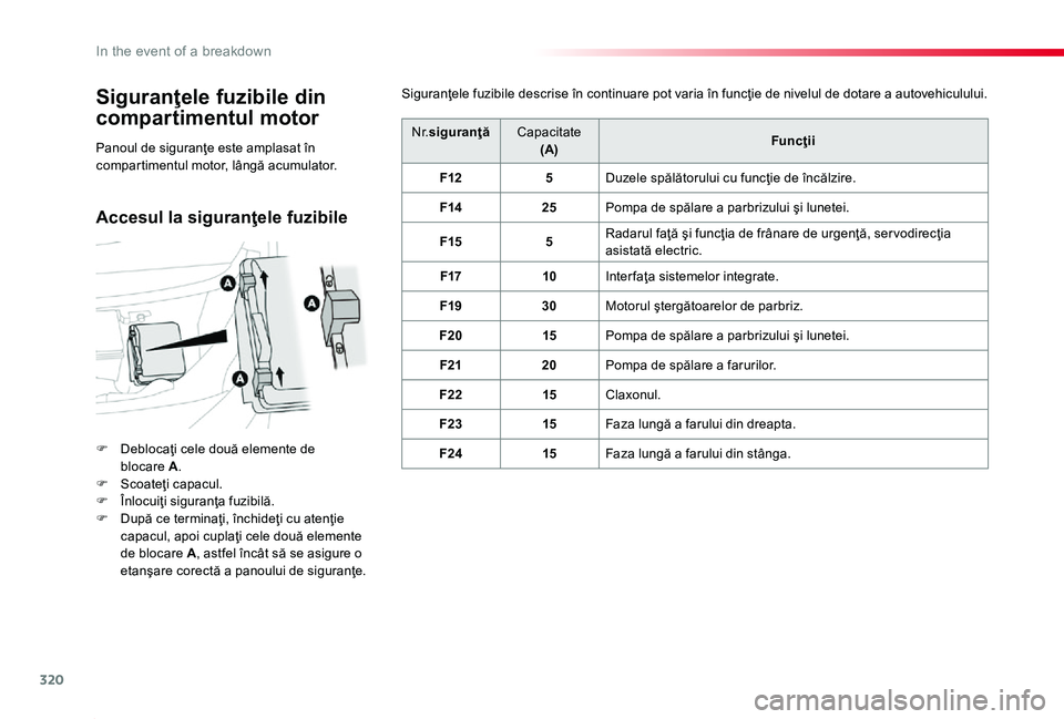 TOYOTA PROACE 2020 Manual de utilizare (in Romanian) 320
Proace_ro_Chap08_En-cas-de-panne_ed2019_V02
Siguranţele fuzibile din
compartimentul motor
F Deblocaţi cele două elemente de blocare A.F Scoateţi capacul.F Înlocuiţi siguranţa fuzibilă.F D TOYOTA PROACE 2020 Manual de utilizare (in Romanian) 320
Proace_ro_Chap08_En-cas-de-panne_ed2019_V02
Siguranţele fuzibile din
compartimentul motor
F Deblocaţi cele două elemente de blocare A.F Scoateţi capacul.F Înlocuiţi siguranţa fuzibilă.F D