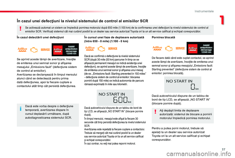 TOYOTA PROACE 2020 Manual de utilizare (in Romanian) 37
Pornirea blocată
De fiecare dată când este cuplat contactul, se aprind
aceste lămpi de avertizare, însoţite de emiterea unui semnal sonor şi afişarea mesajului „Emissions fault: Starting TOYOTA PROACE 2020 Manual de utilizare (in Romanian) 37
Pornirea blocată
De fiecare dată când este cuplat contactul, se aprind
aceste lămpi de avertizare, însoţite de emiterea unui semnal sonor şi afişarea mesajului „Emissions fault: Starting