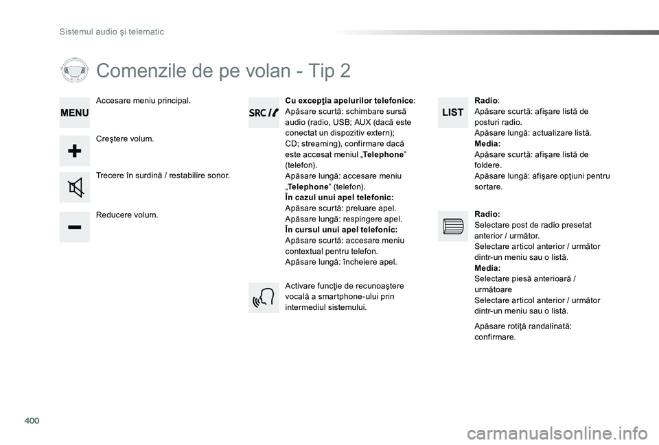 TOYOTA PROACE 2020 Manual de utilizare (in Romanian) 400
Comenzile de pe volan - Tip 2
Reducere volum.
Trecere în surdină / restabilire sonor.
Cu excepţia apelurilor telefonice:Apăsare scurtă: schimbare sursă audio (radio, USB; AUX (dacă este con TOYOTA PROACE 2020 Manual de utilizare (in Romanian) 400
Comenzile de pe volan - Tip 2
Reducere volum.
Trecere în surdină / restabilire sonor.
Cu excepţia apelurilor telefonice:Apăsare scurtă: schimbare sursă audio (radio, USB; AUX (dacă este con