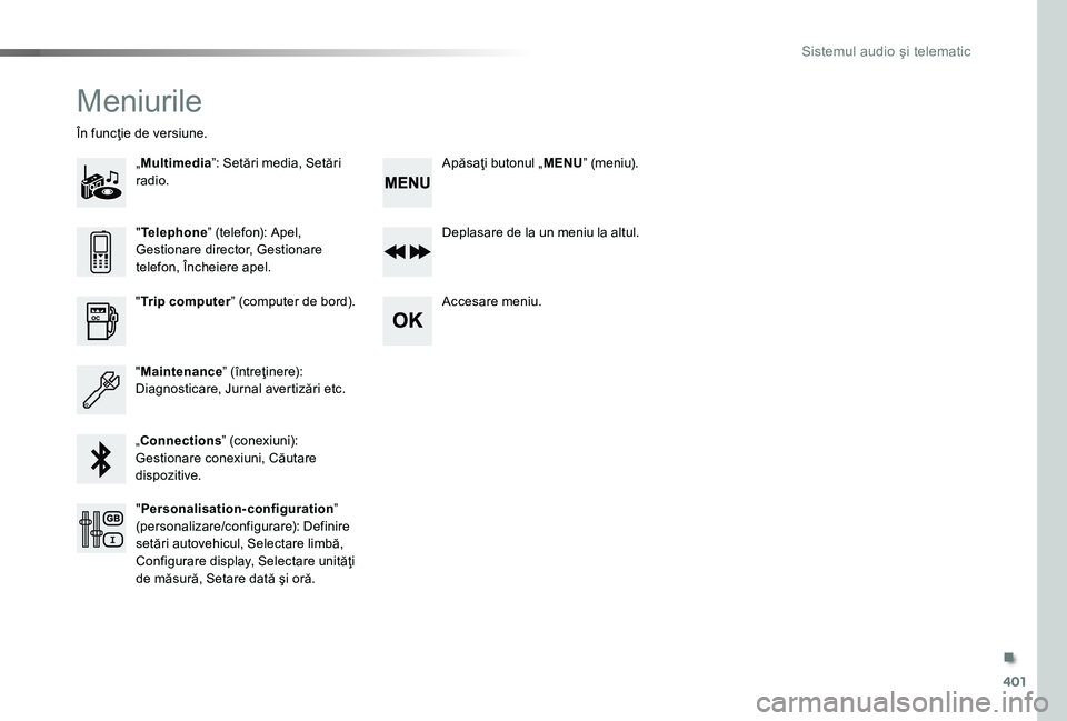 TOYOTA PROACE 2020 Manual de utilizare (in Romanian) 401
Meniurile
„Multimedia”: Setări media, Setări radio.
În funcţie de versiune.
Deplasare de la un meniu la altul.
Accesare meniu."Trip computer” (computer de bord).
"Maintenance” TOYOTA PROACE 2020 Manual de utilizare (in Romanian) 401
Meniurile
„Multimedia”: Setări media, Setări radio.
În funcţie de versiune.
Deplasare de la un meniu la altul.
Accesare meniu."Trip computer” (computer de bord).
"Maintenance”