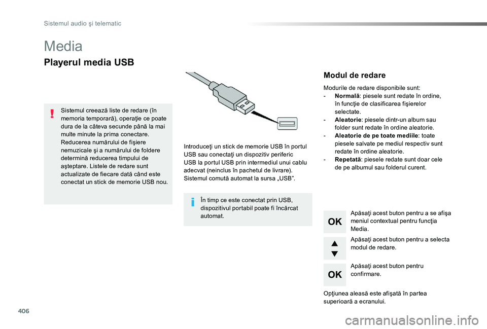 TOYOTA PROACE 2020  Manual de utilizare (in Romanian) 406
Media
Playerul media USB
Introduceţi un stick de memorie USB în portul USB sau conectaţi un dispozitiv periferic USB la portul USB prin intermediul unui cablu adecvat (neinclus în pachetul de 
