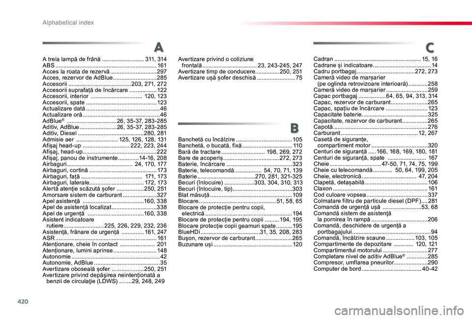 TOYOTA PROACE 2020  Manual de utilizare (in Romanian) 420
A treia lampă de frână ..........................311, 314ABS ...............................................................161Acces la roata de rezer vă .............................297Acces,