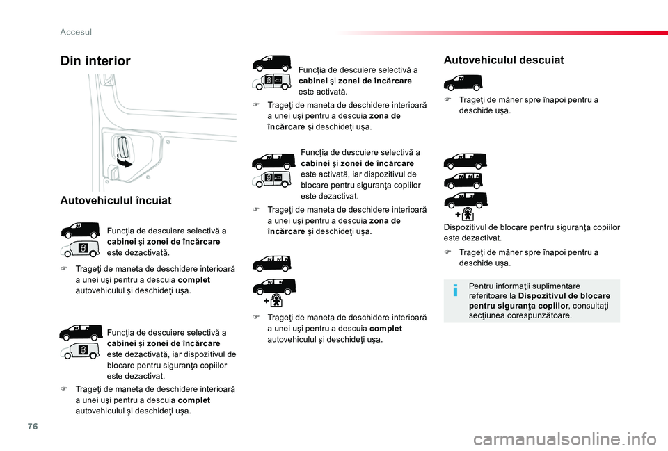 TOYOTA PROACE 2020 Manual de utilizare (in Romanian) 76
Pentru informaţii suplimentare referitoare la Dispozitivul de blocare pentru siguranţa copiilor, consultaţi secţiunea corespunzătoare.
Din interior
Funcţia de descuiere selectivă a cabinei ŠTOYOTA PROACE 2020 Manual de utilizare (in Romanian) 76
Pentru informaţii suplimentare referitoare la Dispozitivul de blocare pentru siguranţa copiilor, consultaţi secţiunea corespunzătoare.
Din interior
FuncÅ£ia de descuiere selectivă a cabinei Å