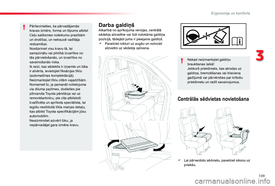 TOYOTA PROACE 2020 Lietošanas Instrukcija (in Latvian) 109
Proace_lv_Chap03_ergonomie-et-confort_ed01-2019
Darba galdiņšAtkarībā no aprīkojuma versijas, centrālā sēdekļa atzveltne var būt nolokāma galdiņa pozīcijā, tādejādi jums ir pieejam TOYOTA PROACE 2020 Lietošanas Instrukcija (in Latvian) 109
Proace_lv_Chap03_ergonomie-et-confort_ed01-2019
Darba galdiņšAtkarībā no aprīkojuma versijas, centrālā sēdekļa atzveltne var būt nolokāma galdiņa pozīcijā, tādejādi jums ir pieejam