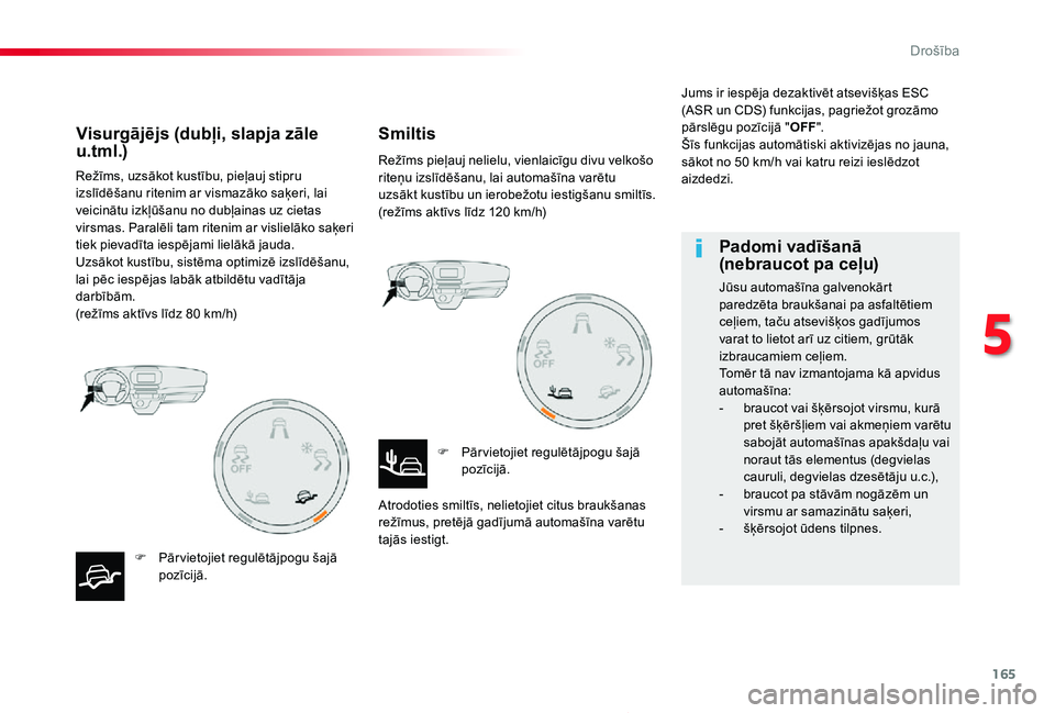 TOYOTA PROACE 2020 Lietošanas Instrukcija (in Latvian) 165
Proace_lv_Chap05_securite_ed01-2019
Režīms, uzsākot kustību, pieļauj stipru izslīdēšanu ritenim ar vismazāko saķeri, lai veicinātu izkļūšanu no dubļainas uz cietas virsmas. Paralēl TOYOTA PROACE 2020 Lietošanas Instrukcija (in Latvian) 165
Proace_lv_Chap05_securite_ed01-2019
Režīms, uzsākot kustību, pieļauj stipru izslīdēšanu ritenim ar vismazāko saķeri, lai veicinātu izkļūšanu no dubļainas uz cietas virsmas. Paralēl