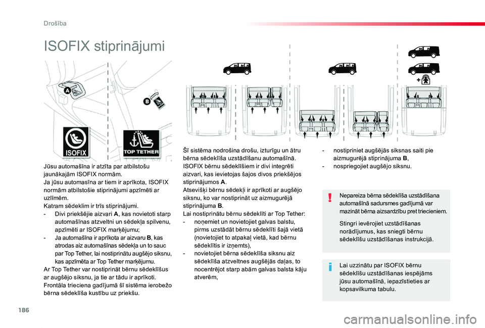 TOYOTA PROACE 2020 Lietošanas Instrukcija (in Latvian) 186
Proace_lv_Chap05_securite_ed01-2019
ISOFIX stiprinājumi
Nepareiza bērna sēdeklīša uzstādīšana automašīnā sadursmes gadījumā var mazināt bērna aizsardzību pret triecieniem.
Lai uzzi TOYOTA PROACE 2020 Lietošanas Instrukcija (in Latvian) 186
Proace_lv_Chap05_securite_ed01-2019
ISOFIX stiprinājumi
Nepareiza bērna sēdeklīša uzstādīšana automašīnā sadursmes gadījumā var mazināt bērna aizsardzību pret triecieniem.
Lai uzzi