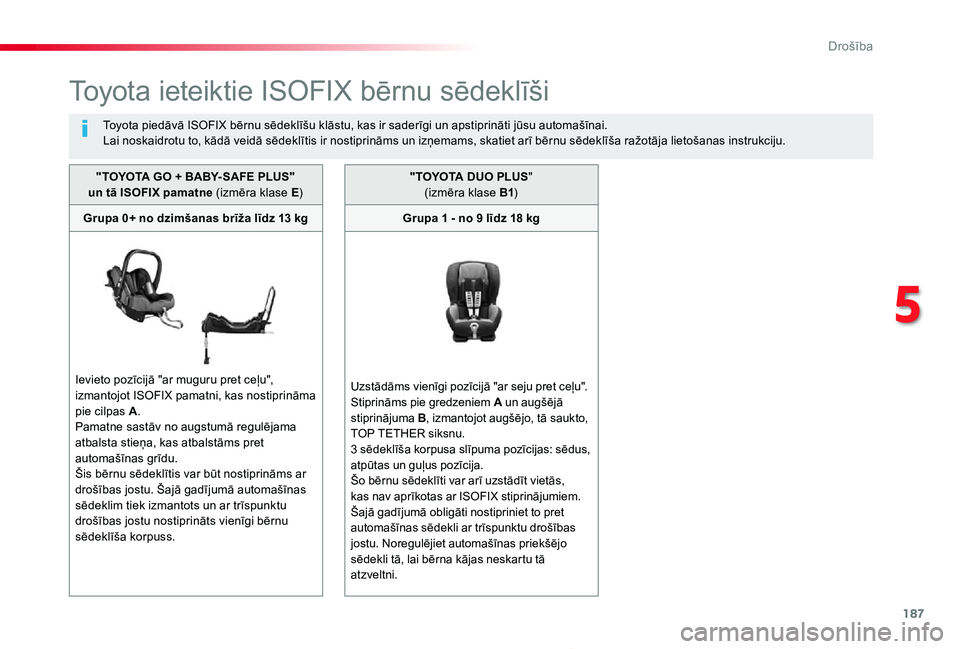 TOYOTA PROACE 2020 Lietošanas Instrukcija (in Latvian) 187
Proace_lv_Chap05_securite_ed01-2019
To y o t a ieteiktie ISOFIX bērnu sēdeklīši
To y o t a piedāvā ISOFIX bērnu sēdeklīšu klāstu, kas ir saderīgi un apstiprināti jūsu automašīnai.L TOYOTA PROACE 2020 Lietošanas Instrukcija (in Latvian) 187
Proace_lv_Chap05_securite_ed01-2019
To y o t a ieteiktie ISOFIX bērnu sēdeklīši
To y o t a piedāvā ISOFIX bērnu sēdeklīšu klāstu, kas ir saderīgi un apstiprināti jūsu automašīnai.L