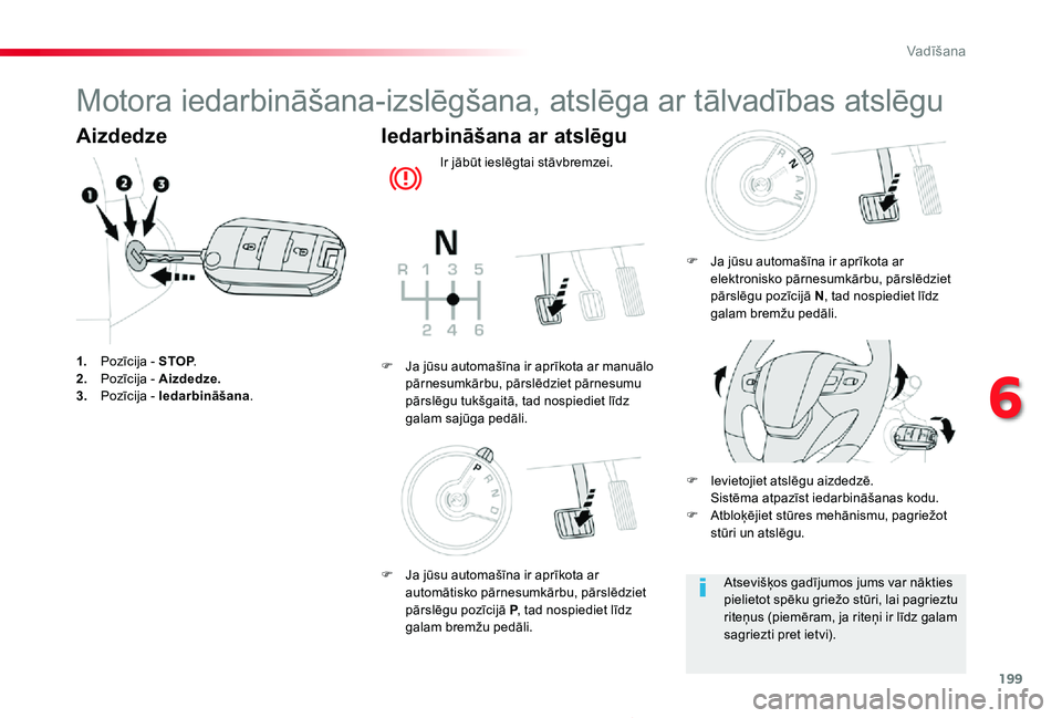 TOYOTA PROACE 2020 Lietošanas Instrukcija (in Latvian) 199
Proace_lv_Chap06_conduite_ed01-2019
Motora iedarbināšana-izslēgšana, atslēga ar tālvadības atslēgu
Aizdedze
1. Pozīcija - STOP.2. Pozīcija - Aizdedze.3. Pozīcija - Iedarbināšana.
Ied TOYOTA PROACE 2020 Lietošanas Instrukcija (in Latvian) 199
Proace_lv_Chap06_conduite_ed01-2019
Motora iedarbināšana-izslēgšana, atslēga ar tālvadības atslēgu
Aizdedze
1. Pozīcija - STOP.2. Pozīcija - Aizdedze.3. Pozīcija - Iedarbināšana.
Ied