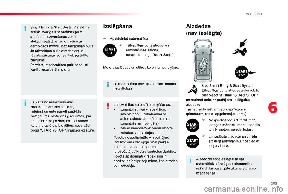 TOYOTA PROACE 2020 Lietošanas Instrukcija (in Latvian) 203
Proace_lv_Chap06_conduite_ed01-2019
Smart Entry & Start System" sistēmai kritiski svarīga ir tālvadības pults atrašanās uztveršanas zonā.Nekad neatstājiet automašīnu ar darbojošos TOYOTA PROACE 2020 Lietošanas Instrukcija (in Latvian) 203
Proace_lv_Chap06_conduite_ed01-2019
Smart Entry & Start System" sistēmai kritiski svarīga ir tālvadības pults atrašanās uztveršanas zonā.Nekad neatstājiet automašīnu ar darbojošos