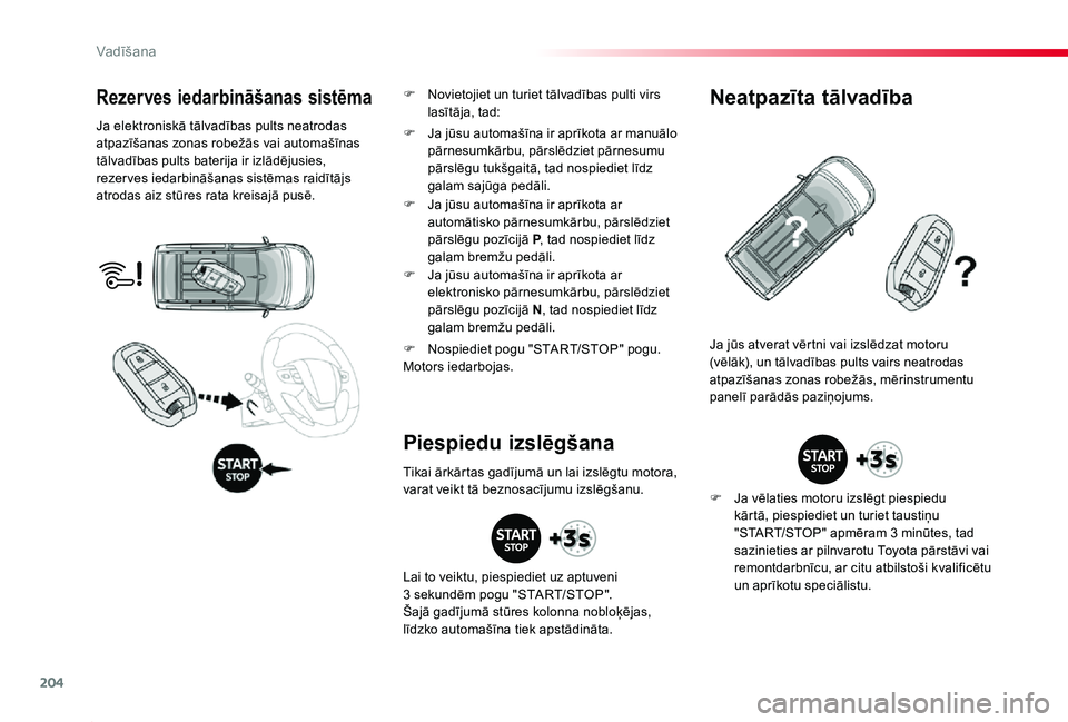 TOYOTA PROACE 2020 Lietošanas Instrukcija (in Latvian) 204
Proace_lv_Chap06_conduite_ed01-2019
Rezerves iedarbināšanas sistēma
Ja elektroniskā tālvadības pults neatrodas atpazīšanas zonas robežās vai automašīnas tālvadības pults baterija ir TOYOTA PROACE 2020 Lietošanas Instrukcija (in Latvian) 204
Proace_lv_Chap06_conduite_ed01-2019
Rezerves iedarbināšanas sistēma
Ja elektroniskā tālvadības pults neatrodas atpazīšanas zonas robežās vai automašīnas tālvadības pults baterija ir