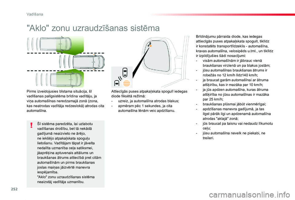 TOYOTA PROACE 2020 Lietošanas Instrukcija (in Latvian) 252
Proace_lv_Chap06_conduite_ed01-2019
"Aklo" zonu uzraudzīšanas sistēma
Attiecīgās puses atpakaļskata spogulī iedegas diode fiksētā režīmā:- uzreiz, ja automašīna atrodas blaku TOYOTA PROACE 2020 Lietošanas Instrukcija (in Latvian) 252
Proace_lv_Chap06_conduite_ed01-2019
"Aklo" zonu uzraudzīšanas sistēma
Attiecīgās puses atpakaļskata spogulī iedegas diode fiksētā režīmā:- uzreiz, ja automašīna atrodas blaku