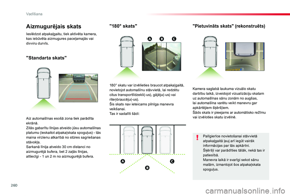 TOYOTA PROACE 2020 Lietošanas Instrukcija (in Latvian) 260
Proace_lv_Chap06_conduite_ed01-2019
"Standarta skats"
"180° skats""Pietuvināts skats" (rekonstruēts)
Kamera saglabā laukuma vizuālo skatu darbību laikā, izveidojot v TOYOTA PROACE 2020 Lietošanas Instrukcija (in Latvian) 260
Proace_lv_Chap06_conduite_ed01-2019
"Standarta skats"
"180° skats""Pietuvināts skats" (rekonstruēts)
Kamera saglabā laukuma vizuālo skatu darbību laikā, izveidojot v