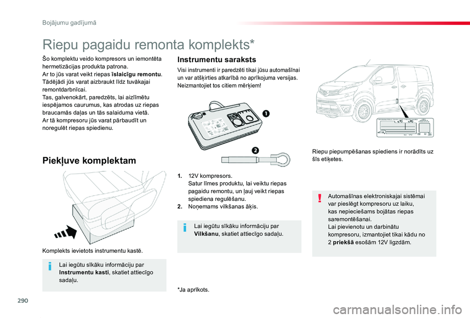 TOYOTA PROACE 2020  Lietošanas Instrukcija (in Latvian) 290
Proace_lv_Chap08_En-cas-de-panne_ed01-2019
Komplekts ievietots instrumentu kastē.
Šo komplektu veido kompresors un iemontēta hermetizācijas produkta patrona.Ar to jūs varat veikt riepas īsla