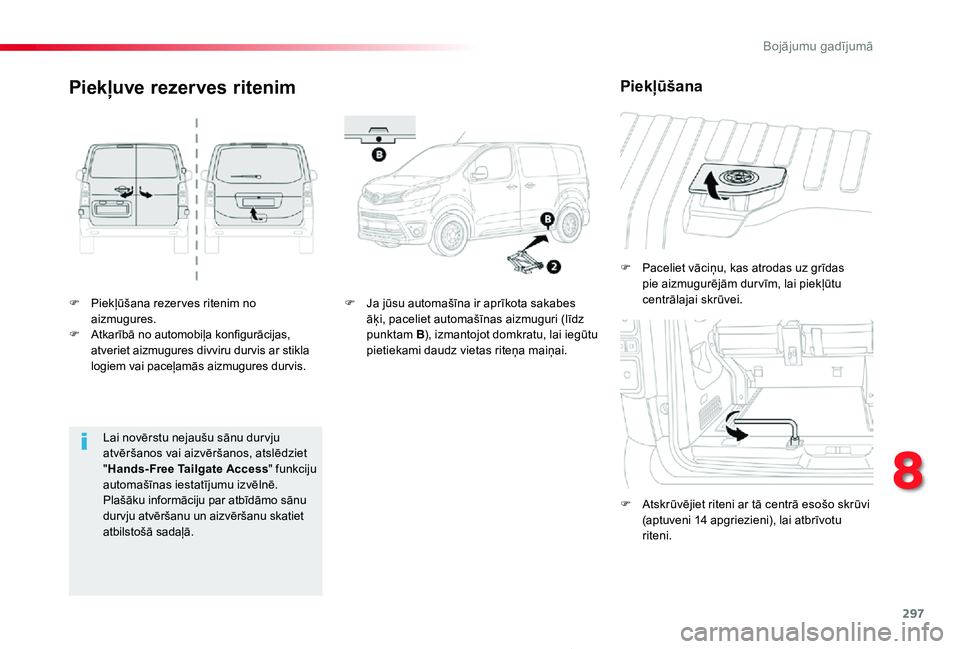 TOYOTA PROACE 2020 Lietošanas Instrukcija (in Latvian) 297
Proace_lv_Chap08_En-cas-de-panne_ed01-2019
F Piekļūšana rezer ves ritenim no aizmugures.F Atkarībā no automobiļa konfigurācijas, atveriet aizmugures divviru durvis ar stikla logiem vai pace TOYOTA PROACE 2020 Lietošanas Instrukcija (in Latvian) 297
Proace_lv_Chap08_En-cas-de-panne_ed01-2019
F Piekļūšana rezer ves ritenim no aizmugures.F Atkarībā no automobiļa konfigurācijas, atveriet aizmugures divviru durvis ar stikla logiem vai pace