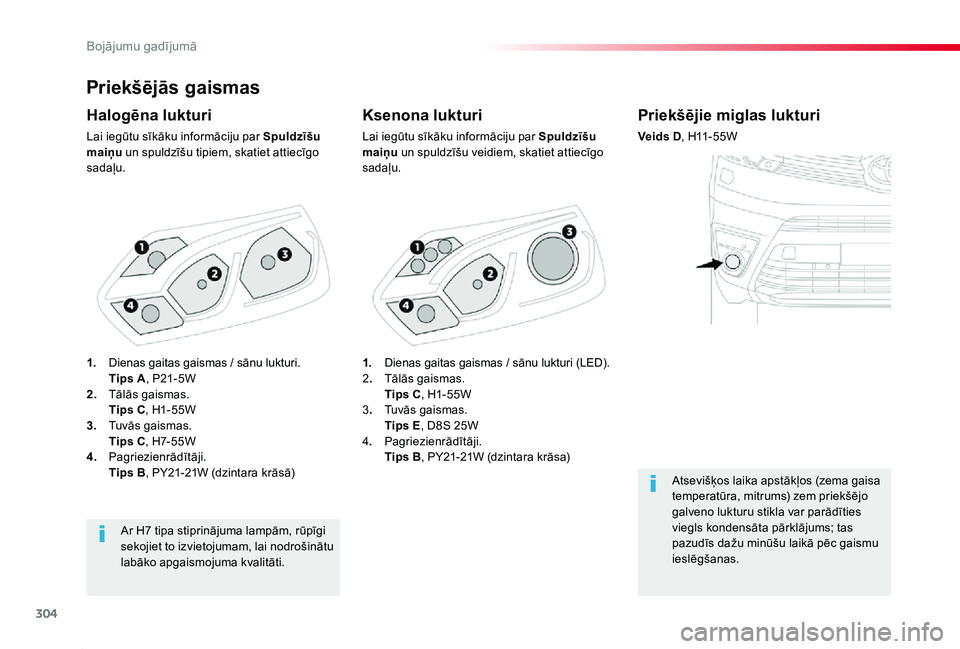 TOYOTA PROACE 2020 Lietošanas Instrukcija (in Latvian) 304
Proace_lv_Chap08_En-cas-de-panne_ed01-2019
Priekšējās gaismas
Ksenona lukturi
Lai iegūtu sīkāku informāciju par Spuldzīšu maiņu un spuldzīšu veidiem, skatiet attiecīgo sadaļu.
Halog TOYOTA PROACE 2020 Lietošanas Instrukcija (in Latvian) 304
Proace_lv_Chap08_En-cas-de-panne_ed01-2019
Priekšējās gaismas
Ksenona lukturi
Lai iegūtu sīkāku informāciju par Spuldzīšu maiņu un spuldzīšu veidiem, skatiet attiecīgo sadaļu.
Halog