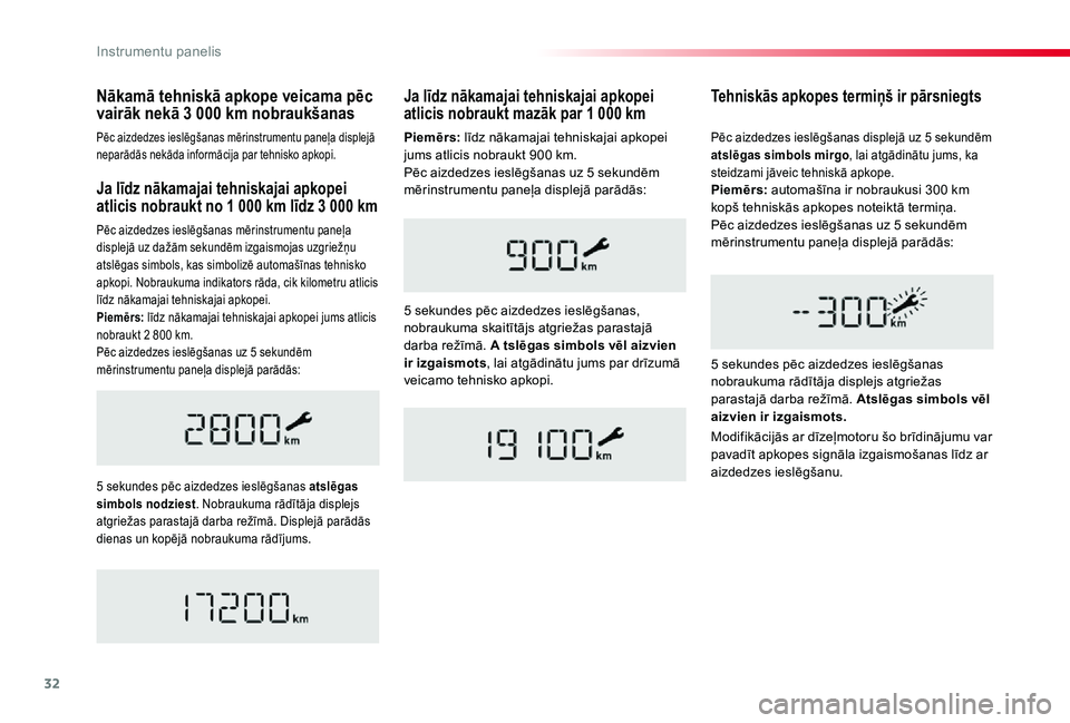 TOYOTA PROACE 2020 Lietošanas Instrukcija (in Latvian) 32
Proace_lv_Chap01_instruments-de-bord_ed01-2019
Ja līdz nākamajai tehniskajai apkopei atlicis nobraukt no 1 000 km līdz 3 000 km
Pēc aizdedzes ieslēgšanas mērinstrumentu paneļa displejā uz TOYOTA PROACE 2020 Lietošanas Instrukcija (in Latvian) 32
Proace_lv_Chap01_instruments-de-bord_ed01-2019
Ja līdz nākamajai tehniskajai apkopei atlicis nobraukt no 1 000 km līdz 3 000 km
Pēc aizdedzes ieslēgšanas mērinstrumentu paneļa displejā uz