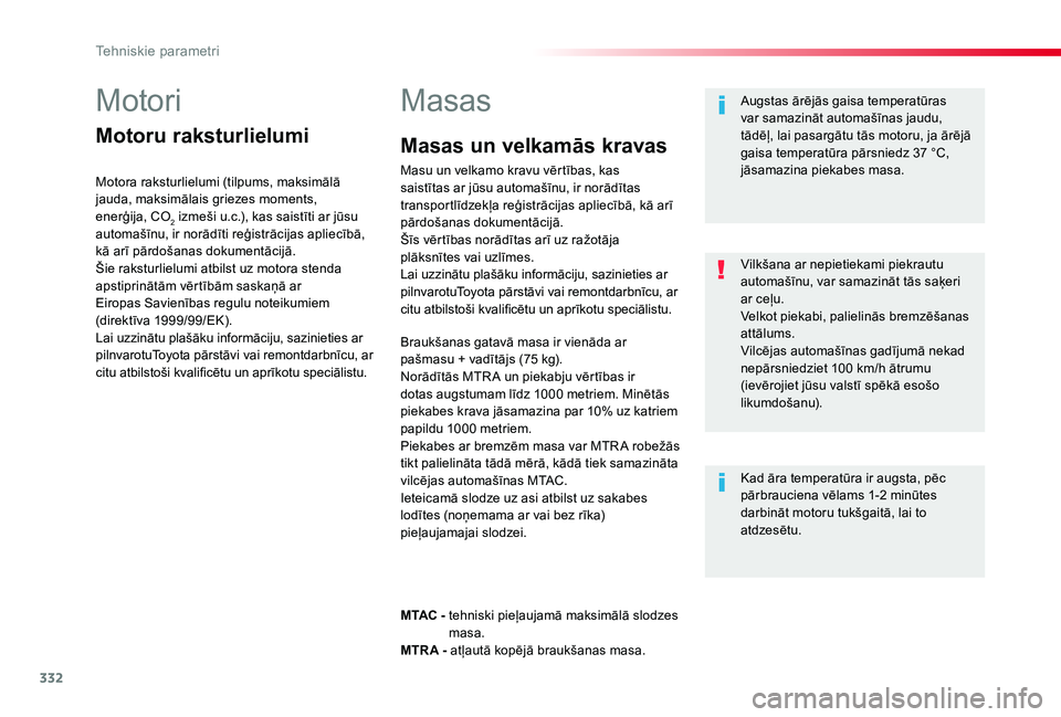 TOYOTA PROACE 2020 Lietošanas Instrukcija (in Latvian) 332
Proace_lv_Chap09_caracteristiques-techniques_ed01-2019
Motori
Motoru raksturlielumi
Motora raksturlielumi (tilpums, maksimālā jauda, maksimālais griezes moments, enerģija, CO2 izmeši u.c.), k TOYOTA PROACE 2020 Lietošanas Instrukcija (in Latvian) 332
Proace_lv_Chap09_caracteristiques-techniques_ed01-2019
Motori
Motoru raksturlielumi
Motora raksturlielumi (tilpums, maksimālā jauda, maksimālais griezes moments, enerģija, CO2 izmeši u.c.), k