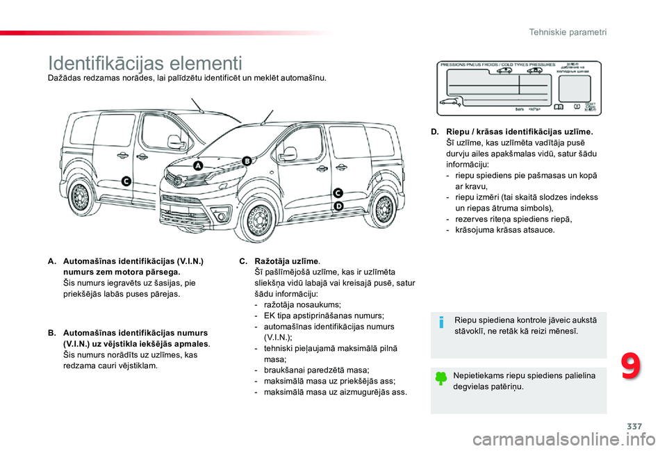 TOYOTA PROACE 2020 Lietošanas Instrukcija (in Latvian) 337
Proace_lv_Chap09_caracteristiques-techniques_ed01-2019
Identifikācijas elementiDažādas redzamas norādes, lai palīdzētu identificēt un meklēt automašīnu.
A. Automašīnas identifikācijas TOYOTA PROACE 2020 Lietošanas Instrukcija (in Latvian) 337
Proace_lv_Chap09_caracteristiques-techniques_ed01-2019
Identifikācijas elementiDažādas redzamas norādes, lai palīdzētu identificēt un meklēt automašīnu.
A. Automašīnas identifikācijas