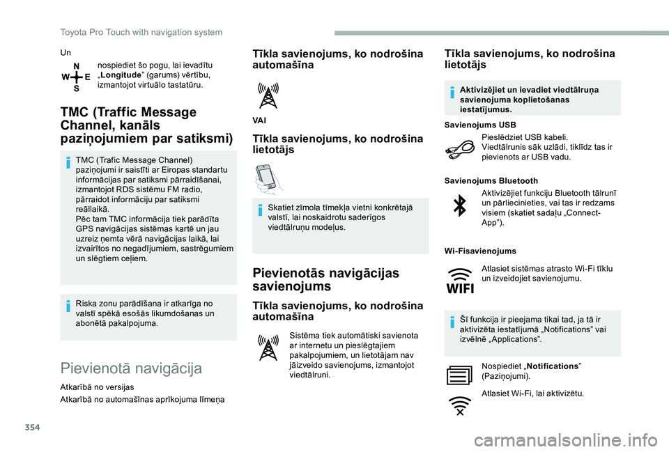 TOYOTA PROACE 2020 Lietošanas Instrukcija (in Latvian) 354
Un
nospiediet šo pogu, lai ievadītu „Longitude” (garums) vērtību, izmantojot virtuālo tastatūru.
TMC (Traffic Message
Channel, kanāls
paziņojumiem par satiksmi)
TMC (Trafic Message C TOYOTA PROACE 2020 Lietošanas Instrukcija (in Latvian) 354
Un
nospiediet šo pogu, lai ievadītu „Longitude” (garums) vērtību, izmantojot virtuālo tastatūru.
TMC (Traffic Message
Channel, kanāls
paziņojumiem par satiksmi)
TMC (Trafic Message C