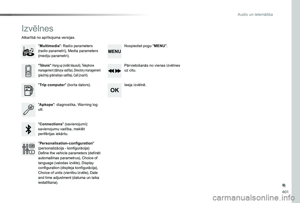 TOYOTA PROACE 2020 Lietošanas Instrukcija (in Latvian) 401
Proace_lv_Chap10d_RD6_ed01-2019
Izvēlnes
"Multimedia": Radio parameters (radio parametri), Media parameters (mediju parametri).
Atkarībā no aprīkojuma versijas.
Pār vietošanās no vi TOYOTA PROACE 2020 Lietošanas Instrukcija (in Latvian) 401
Proace_lv_Chap10d_RD6_ed01-2019
Izvēlnes
"Multimedia": Radio parameters (radio parametri), Media parameters (mediju parametri).
Atkarībā no aprīkojuma versijas.
Pār vietošanās no vi