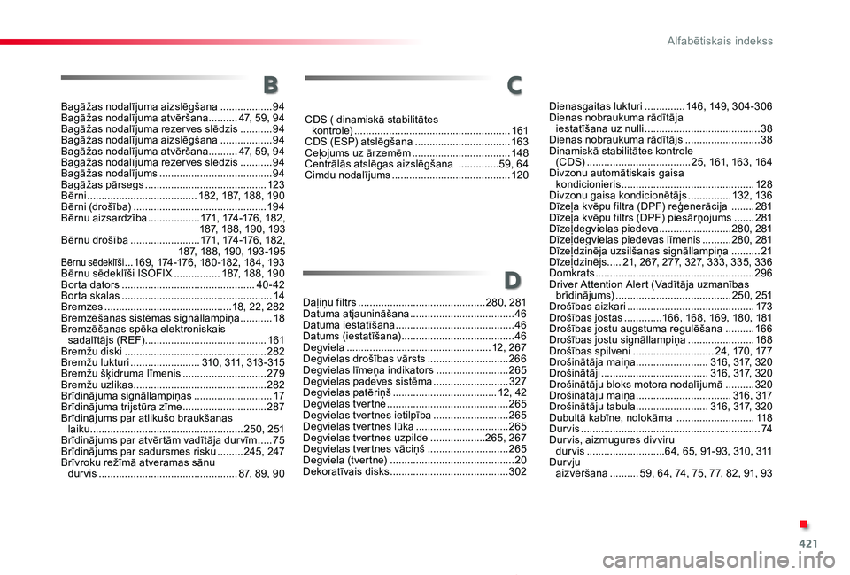 TOYOTA PROACE 2020 Lietošanas Instrukcija (in Latvian) 421
Proace_lv_Chap11_index-alpha_ed01-2019
CDS ( dinamiskā stabilitātes kontrole) ......................................................161CDS (ESP) atslēgšana .................................1 TOYOTA PROACE 2020 Lietošanas Instrukcija (in Latvian) 421
Proace_lv_Chap11_index-alpha_ed01-2019
CDS ( dinamiskā stabilitātes kontrole) ......................................................161CDS (ESP) atslēgšana .................................1