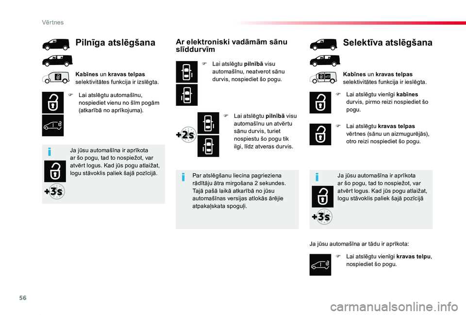 TOYOTA PROACE 2020 Lietošanas Instrukcija (in Latvian) 56
Proace_lv_Chap02_ouvertures_ed01-2019
Ar elektroniski vadāmām sānu slīddurvīm
F Lai atslēgtu pilnībā visu automašīnu, neatverot sānu dur vis, nospiediet šo pogu.
F Lai atslēgtu pilnīb TOYOTA PROACE 2020 Lietošanas Instrukcija (in Latvian) 56
Proace_lv_Chap02_ouvertures_ed01-2019
Ar elektroniski vadāmām sānu slīddurvīm
F Lai atslēgtu pilnībā visu automašīnu, neatverot sānu dur vis, nospiediet šo pogu.
F Lai atslēgtu pilnīb