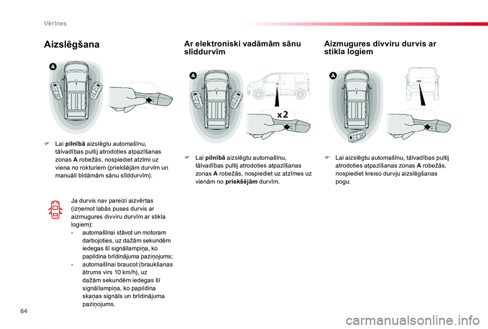 TOYOTA PROACE 2020 Lietošanas Instrukcija (in Latvian) 64
Proace_lv_Chap02_ouvertures_ed01-2019
Ar elektroniski vadāmām sānu slīddurvīmAizslēgšana
F Lai pilnībā aizslēgtu automašīnu, tālvadības pultij atrodoties atpazīšanas zonas A robež TOYOTA PROACE 2020 Lietošanas Instrukcija (in Latvian) 64
Proace_lv_Chap02_ouvertures_ed01-2019
Ar elektroniski vadāmām sānu slīddurvīmAizslēgšana
F Lai pilnībā aizslēgtu automašīnu, tālvadības pultij atrodoties atpazīšanas zonas A robež