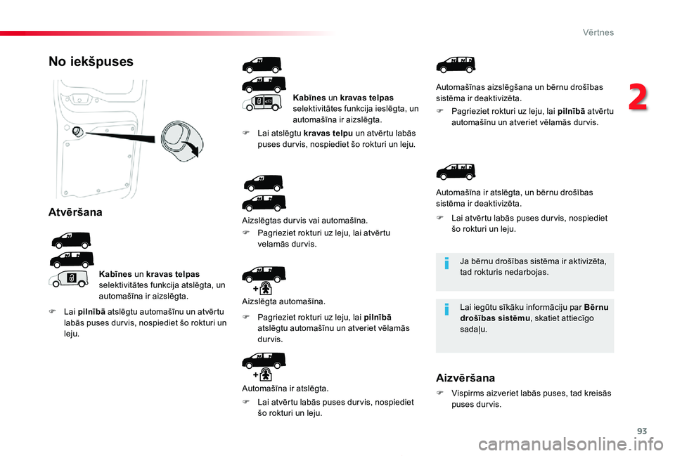 TOYOTA PROACE 2020 Lietošanas Instrukcija (in Latvian) 93
Proace_lv_Chap02_ouvertures_ed01-2019
Ja bērnu drošības sistēma ir aktivizēta, tad rokturis nedarbojas.
Lai iegūtu sīkāku informāciju par Bērnu drošības sistēmu, skatiet attiecīgo sad TOYOTA PROACE 2020 Lietošanas Instrukcija (in Latvian) 93
Proace_lv_Chap02_ouvertures_ed01-2019
Ja bērnu drošības sistēma ir aktivizēta, tad rokturis nedarbojas.
Lai iegūtu sīkāku informāciju par Bērnu drošības sistēmu, skatiet attiecīgo sad