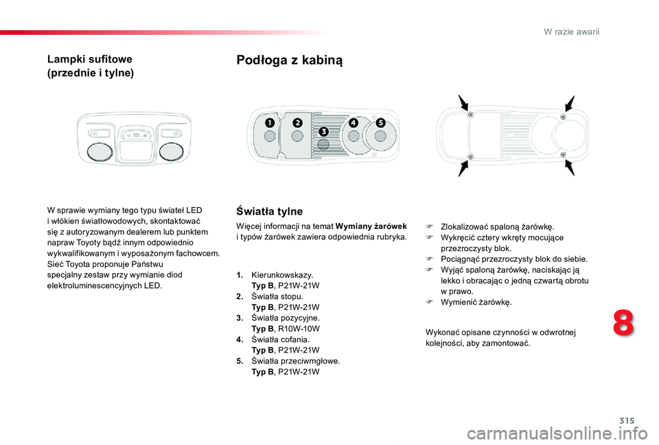 TOYOTA PROACE 2020 Instrukcja obsługi (in Polish) 315
Proace_pl_Chap08_En-cas-de-panne_ed01-2019
Lampki sufitowe
(przednie i tylne)
W sprawie wymiany tego typu świateł LED i włókien światłowodowych, skontaktować się z autoryzowanym dealerem l TOYOTA PROACE 2020 Instrukcja obsługi (in Polish) 315
Proace_pl_Chap08_En-cas-de-panne_ed01-2019
Lampki sufitowe
(przednie i tylne)
W sprawie wymiany tego typu świateł LED i włókien światłowodowych, skontaktować się z autoryzowanym dealerem l