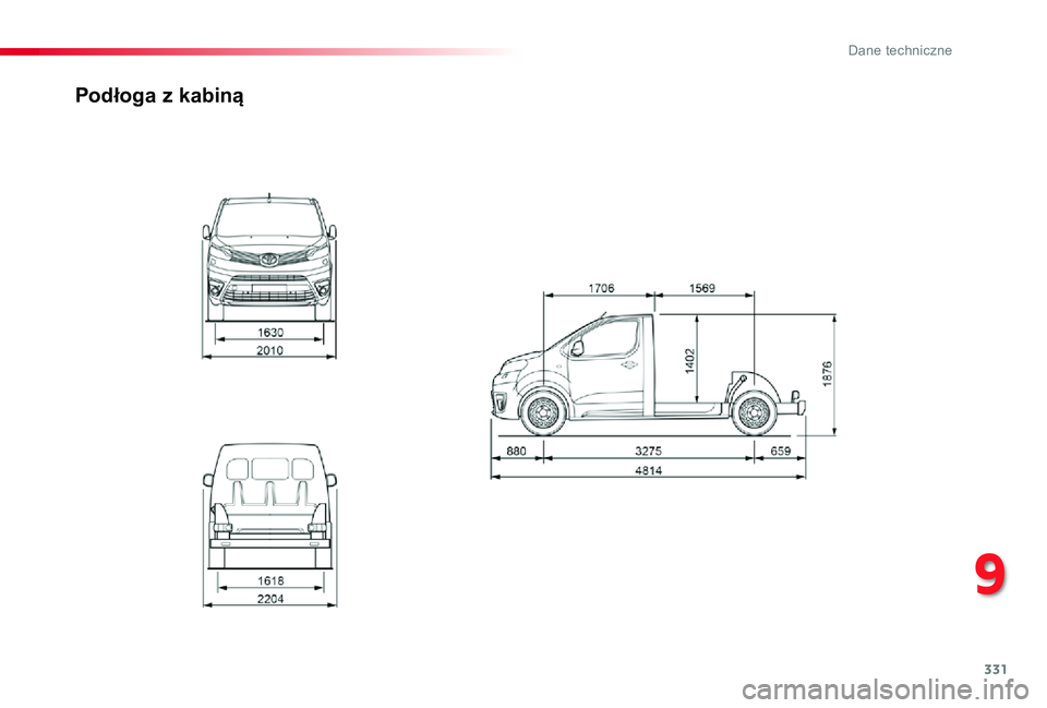 TOYOTA PROACE 2020 Instrukcja obsługi (in Polish) 331
Proace_pl_Chap09_caracteristiques-techniques_ed01-2019
Podłoga z kabiną
9
D TOYOTA PROACE 2020 Instrukcja obsługi (in Polish) 331
Proace_pl_Chap09_caracteristiques-techniques_ed01-2019
Podłoga z kabiną
9
D
