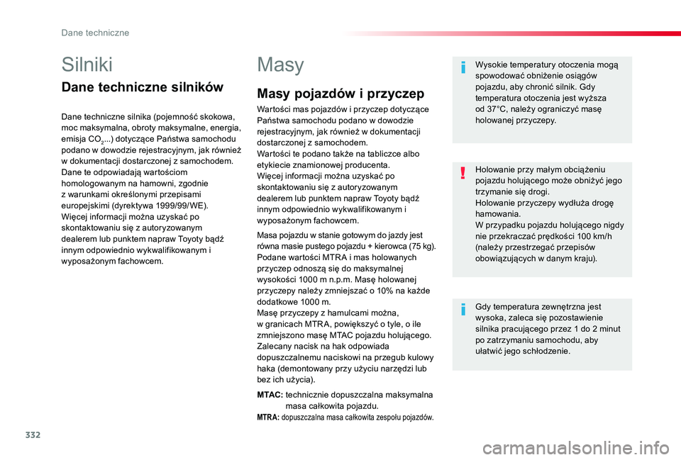 TOYOTA PROACE 2020 Instrukcja obsługi (in Polish) 332
Proace_pl_Chap09_caracteristiques-techniques_ed01-2019
Silniki
Dane techniczne silników
Dane techniczne silnika (pojemność skokowa, moc maksymalna, obroty maksymalne, energia, emisja CO2...) do TOYOTA PROACE 2020 Instrukcja obsługi (in Polish) 332
Proace_pl_Chap09_caracteristiques-techniques_ed01-2019
Silniki
Dane techniczne silników
Dane techniczne silnika (pojemność skokowa, moc maksymalna, obroty maksymalne, energia, emisja CO2...) do