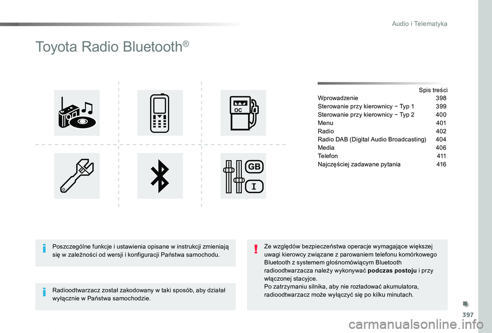 TOYOTA PROACE 2020 Instrukcja obsługi (in Polish) 397
Proace_pl_Chap10d_RD6_ed01-2019
Toyota Radio Bluetooth®
Spis treściWprowadzenie 398
Sterowanie przy kierownicy − Typ 1 399
Sterowanie przy kierownicy − Typ 2 400
Menu 401
Radio 402
Radio TOYOTA PROACE 2020 Instrukcja obsługi (in Polish) 397
Proace_pl_Chap10d_RD6_ed01-2019
Toyota Radio Bluetooth®
Spis treściWprowadzenie 398
Sterowanie przy kierownicy − Typ 1 399
Sterowanie przy kierownicy − Typ 2 400
Menu 401
Radio 402
Radio