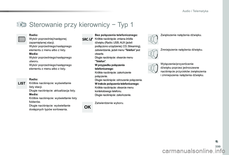 TOYOTA PROACE 2020 Instrukcja obsługi (in Polish) 399
Proace_pl_Chap10d_RD6_ed01-2019
Sterowanie przy kierownicy − Typ 1
Radio:Krótkie naciśnięcie: wyświetlanie listy stacji.Długie naciśnięcie: aktualizacja listy.Media:Krótkie naciśnięcie TOYOTA PROACE 2020 Instrukcja obsługi (in Polish) 399
Proace_pl_Chap10d_RD6_ed01-2019
Sterowanie przy kierownicy − Typ 1
Radio:Krótkie naciśnięcie: wyświetlanie listy stacji.Długie naciśnięcie: aktualizacja listy.Media:Krótkie naciśnięcie
