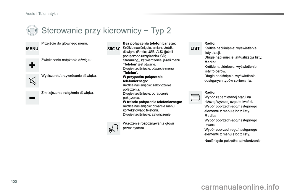 TOYOTA PROACE 2020 Instrukcja obsługi (in Polish) 400
Proace_pl_Chap10d_RD6_ed01-2019
Sterowanie przy kierownicy − Typ 2
Zmniejszenie natężenia dźwięku.
Wyciszenie/przywrócenie dźwięku.
Bez połączenia telefonicznego:Krótkie naciśnięcie: TOYOTA PROACE 2020 Instrukcja obsługi (in Polish) 400
Proace_pl_Chap10d_RD6_ed01-2019
Sterowanie przy kierownicy − Typ 2
Zmniejszenie natężenia dźwięku.
Wyciszenie/przywrócenie dźwięku.
Bez połączenia telefonicznego:Krótkie naciśnięcie: