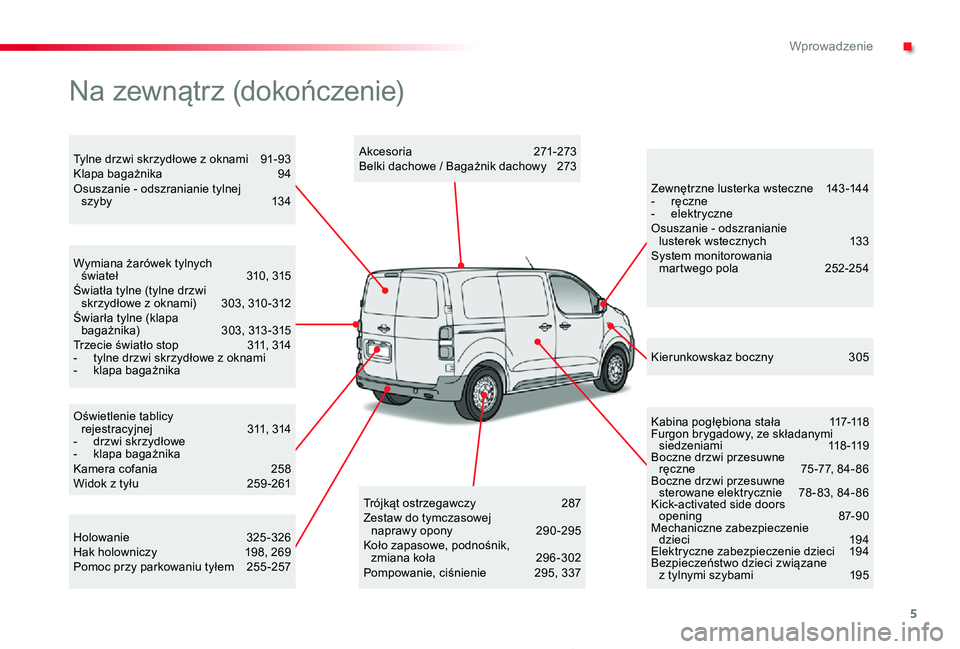 TOYOTA PROACE 2020  Instrukcja obsługi (in Polish) 5
Proace_pl_Chap00b_vue-ensemble_ed01-2019
Oświetlenie tablicy  rejestracyjnej 311, 314- drzwi skrzydłowe-  klapa bagażnikaKamera cofania  258Widok z tyłu 259 -261
Wymiana żarówek tylnych świat