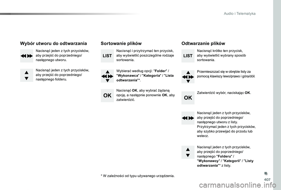 TOYOTA PROACE 2020 Instrukcja obsługi (in Polish) 407
Proace_pl_Chap10d_RD6_ed01-2019
Wybór utworu do odtwarzaniaSortowanie plikówOdtwarzanie plików
Nacisnąć i przytrzymać ten przycisk, aby wyświetlić poszczególne rodzaje sortowania.
Wybiera TOYOTA PROACE 2020 Instrukcja obsługi (in Polish) 407
Proace_pl_Chap10d_RD6_ed01-2019
Wybór utworu do odtwarzaniaSortowanie plikówOdtwarzanie plików
Nacisnąć i przytrzymać ten przycisk, aby wyświetlić poszczególne rodzaje sortowania.
Wybiera