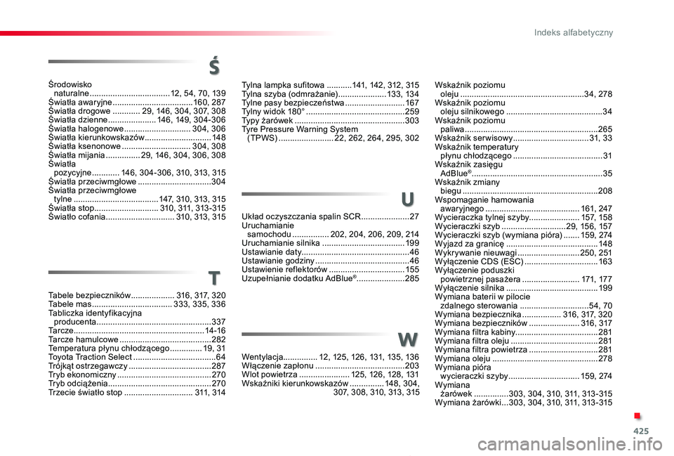 TOYOTA PROACE 2020  Instrukcja obsługi (in Polish) 425
Proace_pl_Chap11_index-alpha_ed01-2019
Wskaźnik poziomu  oleju ......................................................34, 278Wskaźnik poziomu  oleju silnikowego  .................................