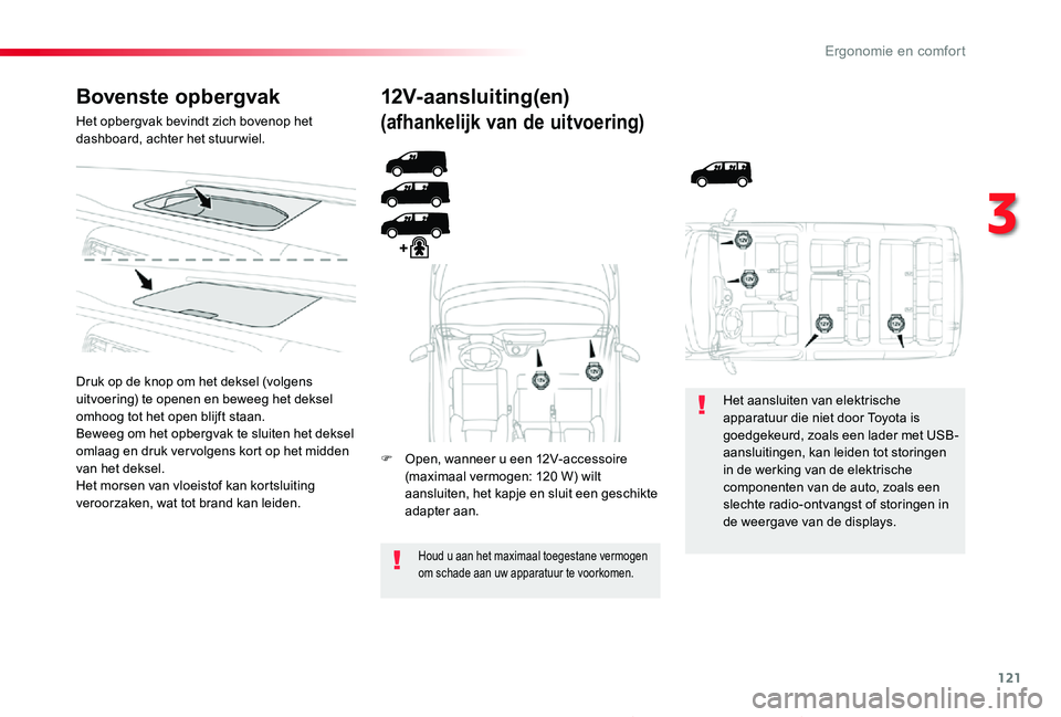 TOYOTA PROACE 2020 Instructieboekje (in Dutch) 121
Proace_nl_Chap03_ergonomie-et-confort_ed01-2019
Bovenste opbergvak
Het opbergvak bevindt zich bovenop het dashboard, achter het stuur wiel.
Druk op de knop om het deksel (volgens uitvoering) te op TOYOTA PROACE 2020 Instructieboekje (in Dutch) 121
Proace_nl_Chap03_ergonomie-et-confort_ed01-2019
Bovenste opbergvak
Het opbergvak bevindt zich bovenop het dashboard, achter het stuur wiel.
Druk op de knop om het deksel (volgens uitvoering) te op