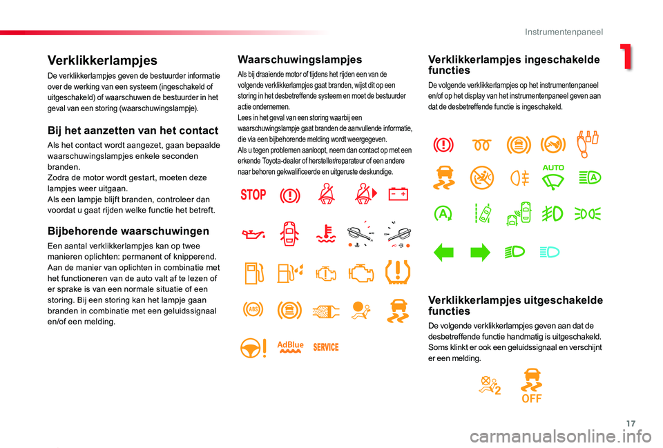 TOYOTA PROACE 2020  Instructieboekje (in Dutch) 17
Proace_nl_Chap01_instruments-de-bord_ed01-2019
Verklikkerlampjes
De verklikkerlampjes geven de bestuurder informatie over de werking van een systeem (ingeschakeld of uitgeschakeld) of waarschuwen d