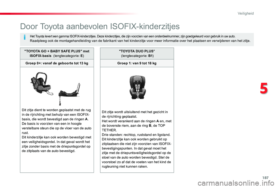 TOYOTA PROACE 2020 Instructieboekje (in Dutch) 187
Proace_nl_Chap05_securite_ed01-2019
Door Toyota aanbevolen ISOFIX-kinderzitjes
Het Toyota levert een gamma ISOFIX-kinderzitjes. Deze kinderzitjes, die zijn voorzien van een onderdeelnummer, zijn g TOYOTA PROACE 2020 Instructieboekje (in Dutch) 187
Proace_nl_Chap05_securite_ed01-2019
Door Toyota aanbevolen ISOFIX-kinderzitjes
Het Toyota levert een gamma ISOFIX-kinderzitjes. Deze kinderzitjes, die zijn voorzien van een onderdeelnummer, zijn g